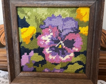 Small purple floral needlepoint composition