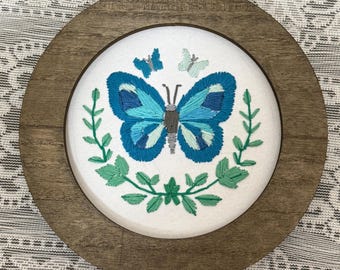 Hand made spring blue butterfly embroidery