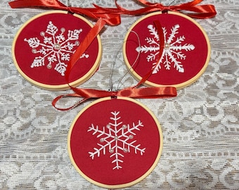 Hand embroidered snowflake  ornaments