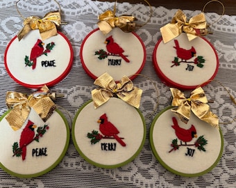 Hand embroidered comforting cardinal ornaments
