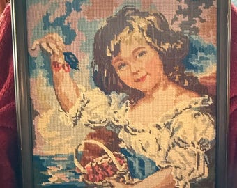 Girl picking berries needlepoint