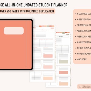 May include: A peach-colored student planner with a spiral binding. The planner has a cover with a white rectangle for writing. The planner includes 6 colored course tabs, 6 section dividers, 12 monthly calendars, a weekly planner, a weekly schedule, 8 note templates, study templates, 60 flashcards, and more. The text "6 COURSE ALL-IN-ONE UNDATED STUDENT PLANNER" is at the top of the image. The text "OVER 250 PAGES WITH UNLIMITED DUPLICATION" is below the first line of text. The text "TATEEPLANNING ON ETSY" is at the bottom of the image.
