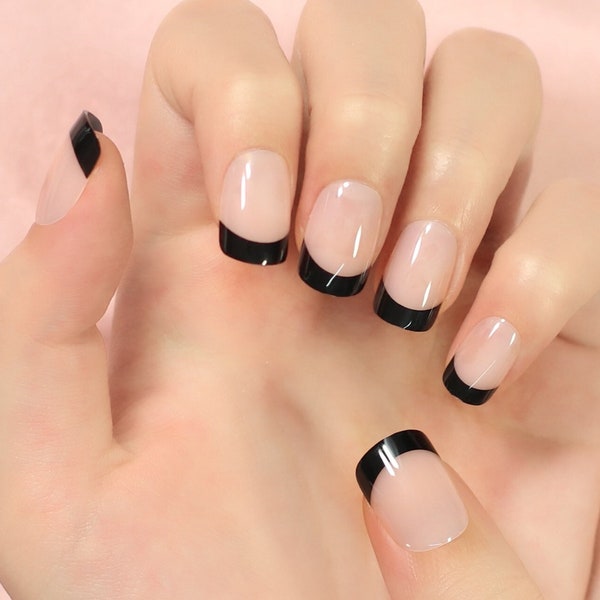 Square Short - Glue On Press On Nails - French Manicure Sheer Beige and Black