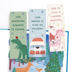 Set de Separadores de Invierno | Dino, Morsa y Santa Unicornio | Marcadores 2x6” Imprimibles | Lectura Infantil | Descarga Digital Español