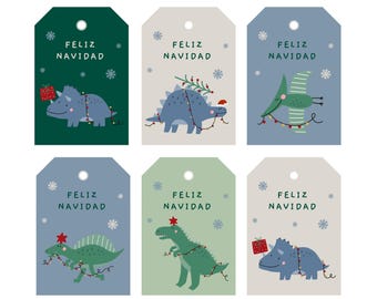 Etiquetas Navideñas para Imprimir — Dinosaurios | Tarjetas “Feliz Navidad” | PDF 8.5×11 | Frontal/Posterior | Digital Instantánea Español