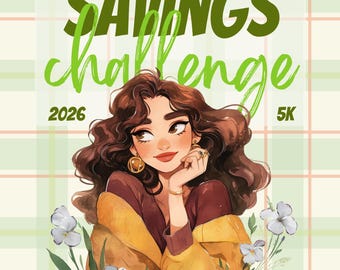Może przedstawiać: Ilustracja kobiety z brązowymi kręconymi włosami, ubranej w brązowy top i żółtą kurtkę. Tekst "SAVINGS CHALLENGE" jest napisany na zielono, wraz z "2026" i "5K". Białe kwiaty i zielone liście u dołu.