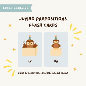 May include: Educational flash cards with the text "JUMBO PREPOSITIONS FLASH CARDS". The cards feature cartoon owls, one inside a box and the other on a box, with the words "IN" and "ON" below. The text "EARLY LEARNING" is at the top.