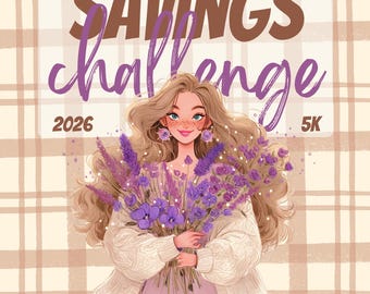 Może przedstawiać: Ilustracja kobiety z długimi blond włosami trzymającej bukiet fioletowych kwiatów. Obraz zawiera tekst "SAVINGS challenge 2026 5K" w kolorze brązowym i fioletowym. Tło to wzór w kratę w kolorze beżowym i brązowym.