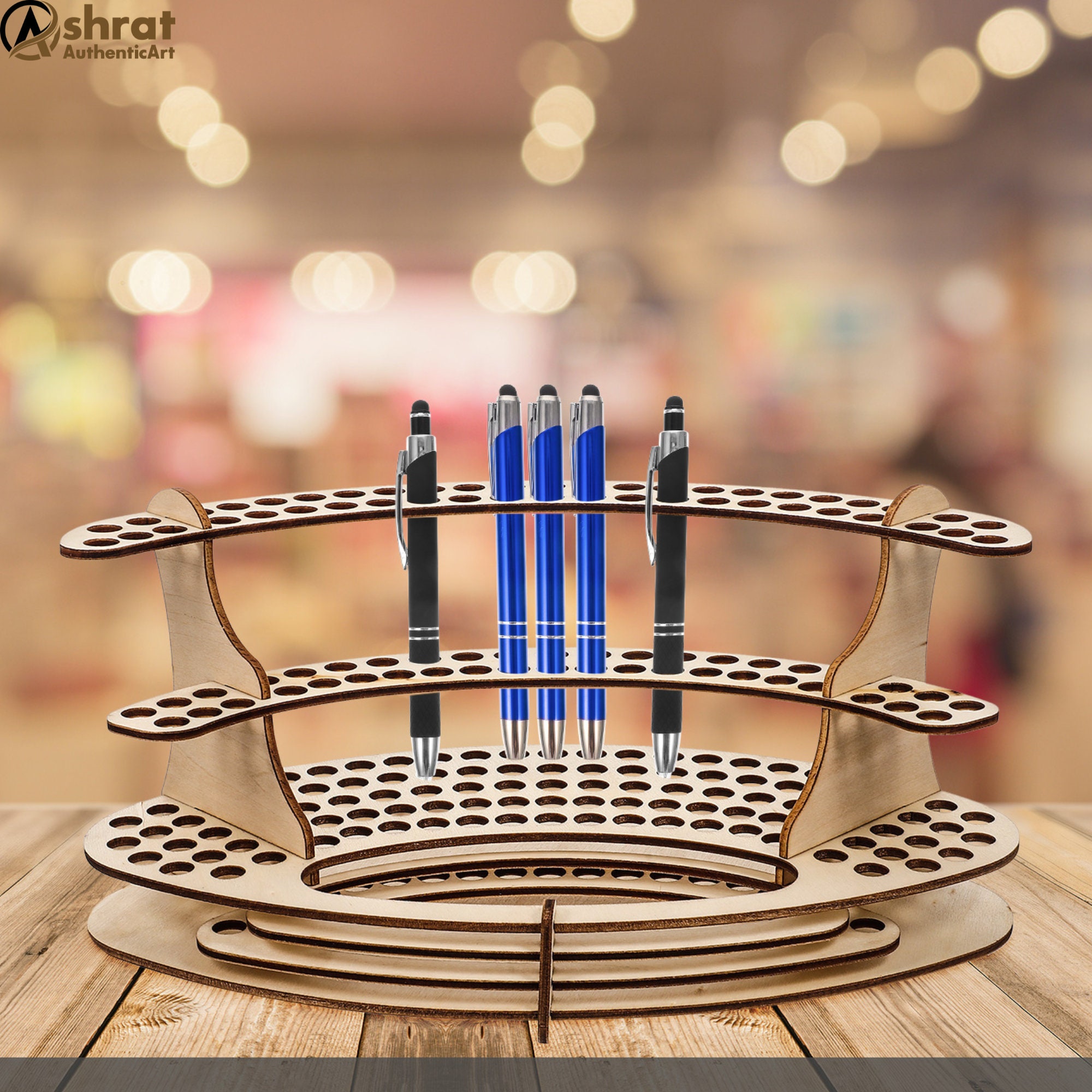 Wooden Vertical Pen Holder Desk Organizer Stand With Brush Slots Makeup