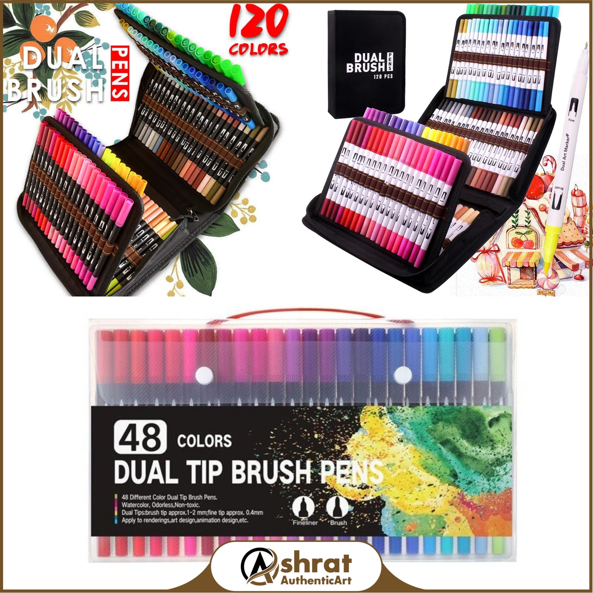 120 Colors Dual Tip Brush Pens Fineliner Tip 0.4mm and Brush Tip 1