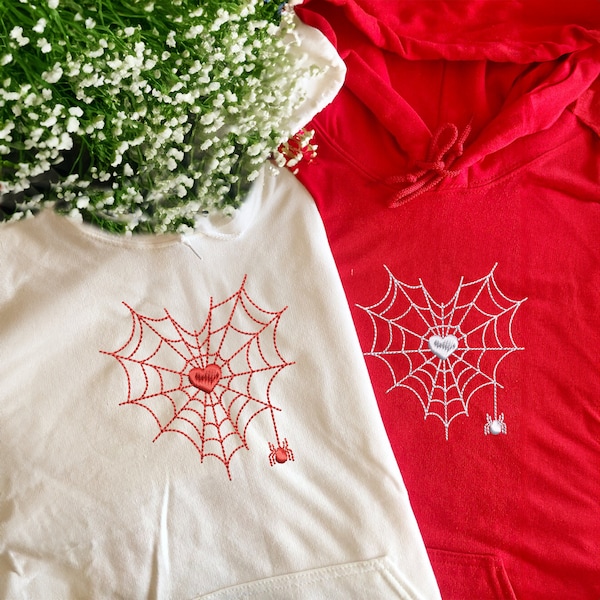 Custom EMBROIDERED Heart Spider Sweatshirt, Matching Valentine's Day Embroidered Crewneck, Personalized With Initials Hoodie, Couples Shirt