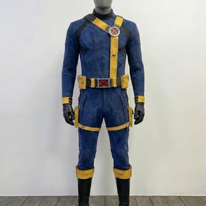 Cyclops Cosplay Costume | X-Men 97 Scott Summers Suit | Navy Blue Matte Bodysuit, Yellow Chest Harness Belt & Gloves Set