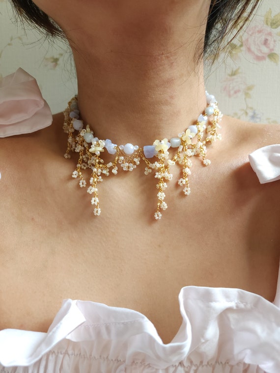 Floral Wedding Necklace Handmade Necklace Princess Jewelry Statement Necklace Fairy Floral Jewelry Prom Necklace Ethereal Necklace