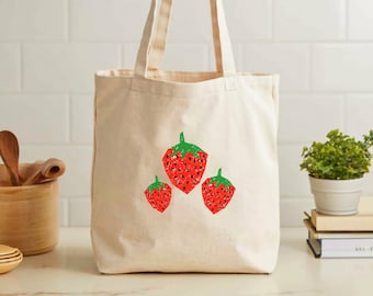 Strawberry Tote Bag, Shopping Bag, Cotton Canvas Bag, Market Bag, Cute Tote Bag, Strawberry Bag, Strawberry Lover Gift, Mother's Day Gift