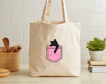 Cat Tote Bag, Cute Canvas Bag, Cat Lover Gift, Animal Lover Gift, Grocery Bag, Shopping Bag, Black Cat Bag, Cat Mom Gift, Cat Owner Tote Bag