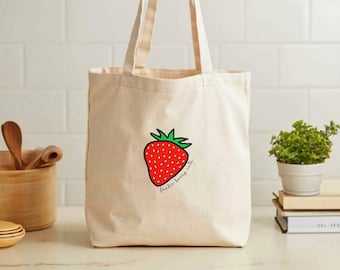 Strawberry Tote Bag, Shopping Bag, Cotton Canvas Bag, Market Bag, Cute Tote Bag, Strawberry Bag, Strawberry Lover Gift, Mother's Day Gift