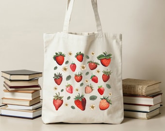 Strawberry Tote Bag, Shopping Bag, Cotton Canvas Bag, Market Bag, Cute Tote Bag, Strawberry Bag, Strawberry Lover Gift, Gift for Mom