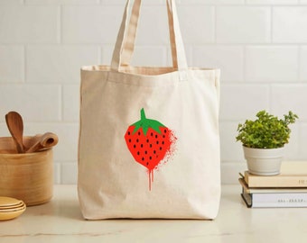 Strawberry Tote Bag, Shopping Bag, Cotton Canvas Bag, Market Bag, Cute Tote Bag, Strawberry Bag, Strawberry Lover Gift, Mother's Day Gift