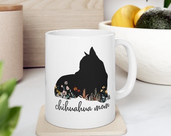 Chihuahua Mom Coffee Mug: Floral Dog Silhouette Ceramic Mug