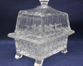 Plat de rangement vintage en verre pressé sur pieds avec couvercle décoratif