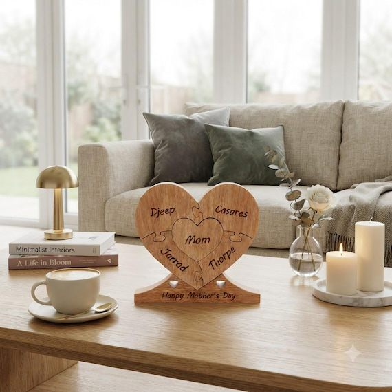 A wooden puzzle-ornament hybrid where each family member's name is a piece — pull it apart and it's a game, hang it together and it's a heirloom.