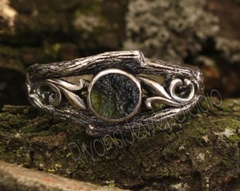 Natural Raw Moldavite Ring in Sterling Silver,Unusual tree bark and vine ring,anniversary ring,Unique womens branch ring, genuine moldavite
