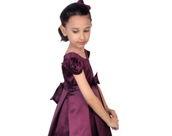 Satin dress for girls. Bow Dress for girl's. Flower girl Dress. Party wear Dress for girls. Box Pleat dress for Girls. Girl's Purple Dress.