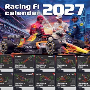 Puede incluir: Un calendario de carreras F1 2027 con un coche de Fórmula 1 y tres pilotos celebrando con champán. La sección superior muestra el título y la imagen, mientras que la sección inferior enumera diez eventos de Gran Premio con mapas de circuitos.