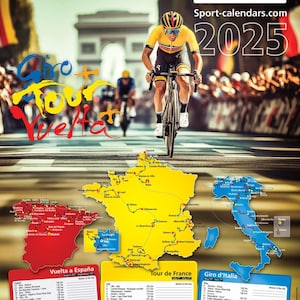 Póster del calendario del Tour de Francia 2025 en inglés, tamaño 50 x 70 cm