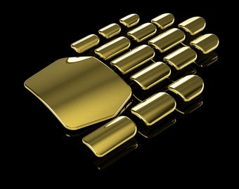 May include: A collection of gold-coloured, metallic objects arranged on a black surface. The objects have a smooth, reflective surface and are arranged in a pattern resembling a hand. The lighting creates highlights and shadows, enhancing the metallic appearance.