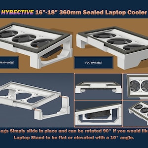May include: White laptop cooling stand with three fans. The stand can be adjusted to be flat or elevated with a 10 degree angle. The stand is designed for laptops between 16 and 18 inches.