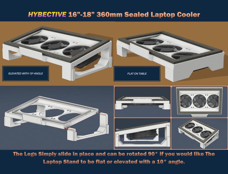 May include: White laptop cooling stand with three fans. The stand can be adjusted to be flat or elevated with a 10 degree angle. The stand is designed for laptops between 16 and 18 inches.