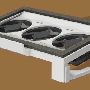 May include: White cooling stand with three black fans and a black cooling pad. The stand is designed to elevate a laptop for better airflow and cooling.