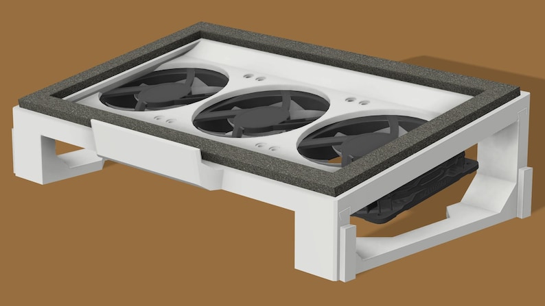 May include: White cooling stand with three black fans and a black cooling pad. The stand is designed to elevate a laptop for better airflow and cooling.