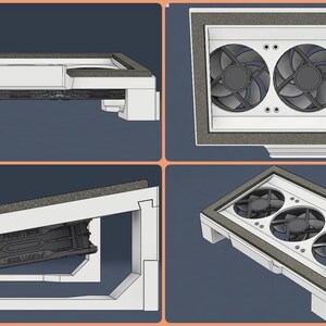 May include: A white plastic stand with three fans for cooling a computer component. The stand has a raised platform with a cutout for the component to sit on. The fans are visible through the cutout.