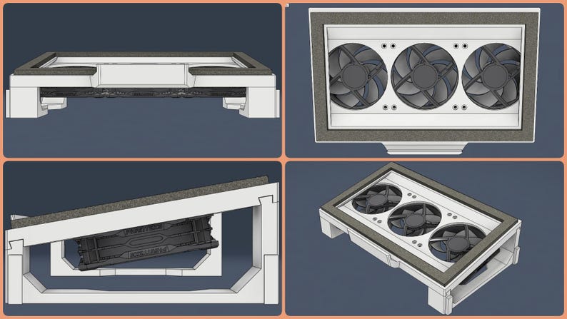 May include: A white plastic stand with three fans for cooling a computer component. The stand has a raised platform with a cutout for the component to sit on. The fans are visible through the cutout.