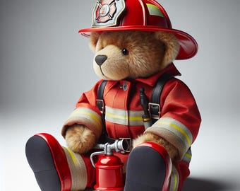 Firefighter Teddy Bear Art Print, Kids Room Decor (Digital Download)