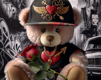 Lámina artística de osito de peluche estilo hip hop, decoración urbana para habitación infantil (descarga digital)