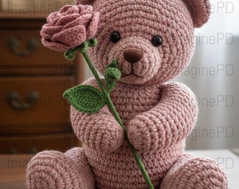 Faux Yarn Valentine Teddy Bear PNG, Digital File, Cute Teddy Bear with Rose, Not a Pattern, Digital Download, Printable Art, Nursery Decor