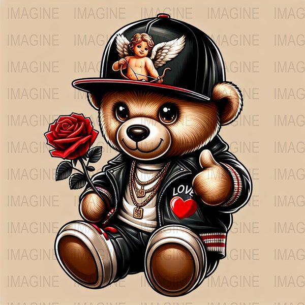 Hip Hop Teddy Bear Digital Art, Cute Bear with Cap and Rose, Urban Style Animal Illustration, Cool Nursery Decor, Downloadable Print