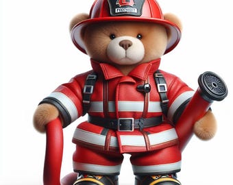 Firefighter Teddy Bear Digital Art, PNG JPEG PDF, Cute Rescue Bear Illustration, Kids Room Decor, Instant Download, Nursery Art Print
