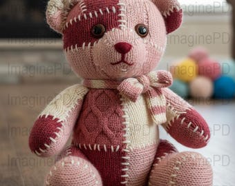 Faux Yarn Valentine Teddy Bear PNG, Digital File, Cute Stuffed Animal Image, Patchwork Teddy Clipart, Not a Pattern. For Sublimation.