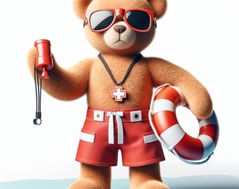 Lifeguard Bear Art Print: Summer Beach Theme (PNG, JPEG, PDF Files)
