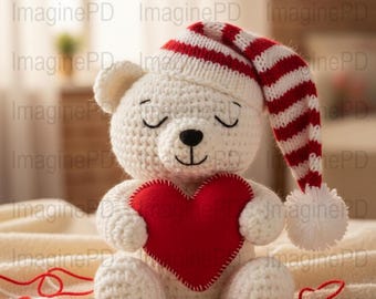 Faux Yarn Valentine Teddy Bear PNG, Digital File, Sleepy Bear With Heart, Crochet Bear Art, Valentines Day Decor, Cozy Bear Digital Image