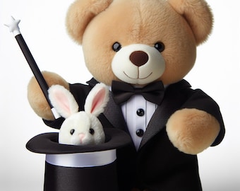Teddy Bear Magician, Bunny in Hat, Nursery Wall Art (PNG JPEG PDF Files)
