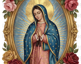 Nuestra Señora de Guadalupe Virgen María PNG digital, marco dorado falso, arte mariano, imágenes prediseñadas de fe católica, descarga religiosa, archivo PNG