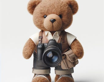 Photographer Bear Digital Image, Cute Bear with Camera Print, Digital Download, PNG, JPEG, PDF Files, Teddy Bear Photo