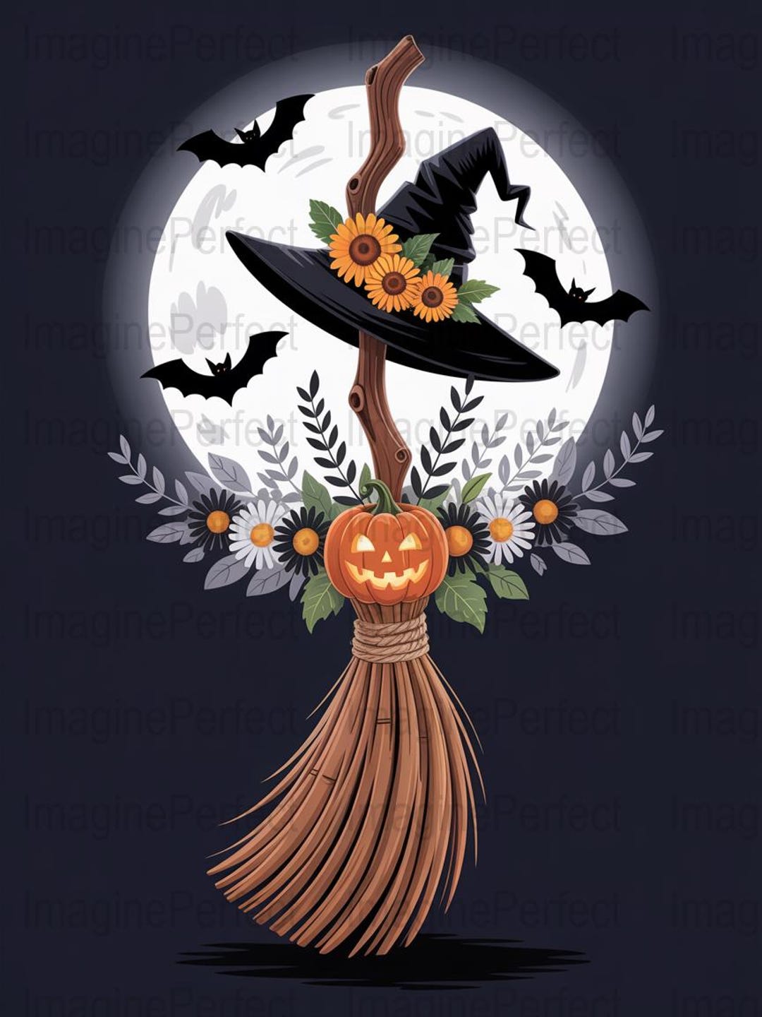 Halloween Witch Broom Digital Art, Spooky Witch Hat Pumpkin Moon Bats ...
