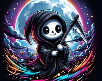 Cute Grim Reaper Digital Art, Vibrant Cosmic Background, Fantasy Moon Illustration, Printable Wall Art, Colorful no Background PNG file only