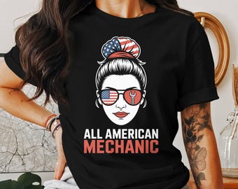 All American Mechanic T-Shirt: Messy Bun USA Flag Tee